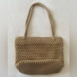 LINA Tan Crotchet Double Handle Tote Shoulder Bag